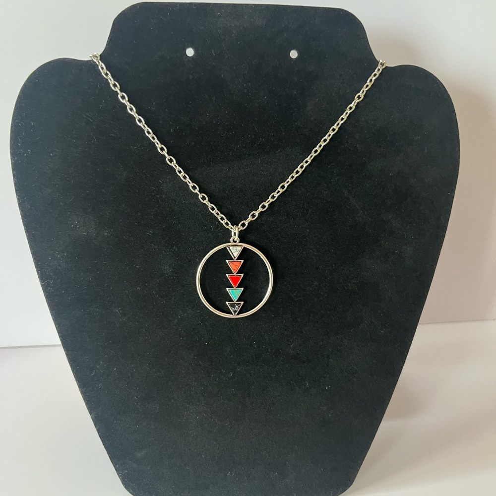 Geometric Silver Necklace with Multi Colored Turquoise Like Accents